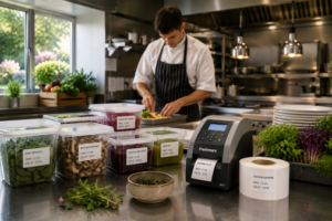 Chef using automated date labeling for prepared seasonal ingredients in a premium hotel kitchen.
