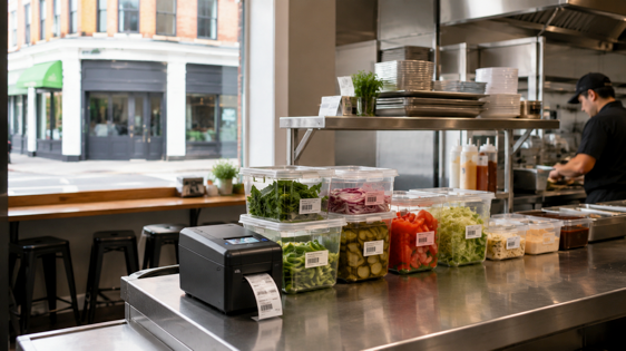 Commercial kitchen with labeled food containers and a thermal label printer supporting food preparation workflows.
