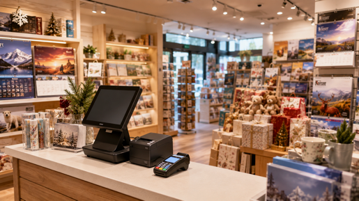 Toshiba point-of-sale terminal and receipt printer in a busy Calendar Club retail store.