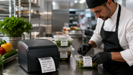 Food service worker using an automated label printer instead of handwritten labels for prepared food containers.
