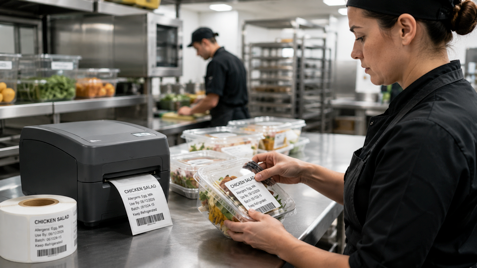 Commercial kitchen staff applying food safety labels with a thermal label printer for prepared food containers.