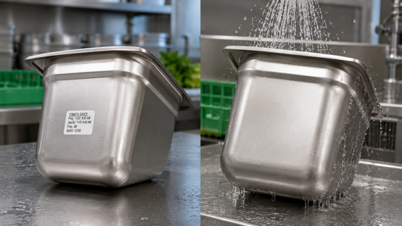 Before and after view of a reusable food container with a water-soluble label removed during washing