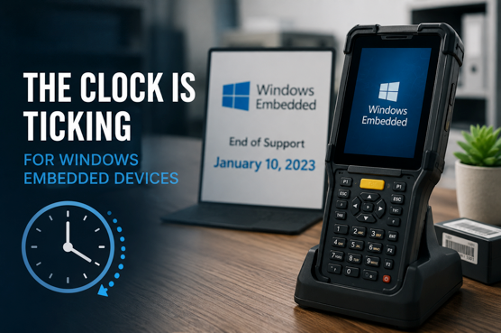 Rugged handheld mobile computer showing Windows Embedded migration concept in an enterprise technology workspace.