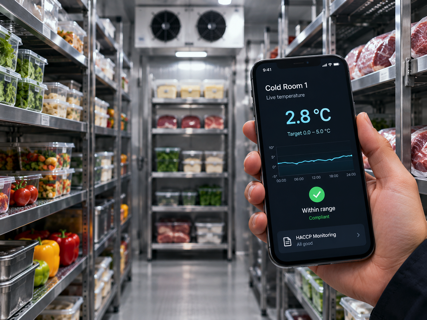 Hand holding a smartphone showing a compliant cold-room temperature reading inside a professional refrigerated food storage area.