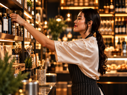 Food retail and hospitality worker arranging products on shelving in a warmly lit premium retail environment.