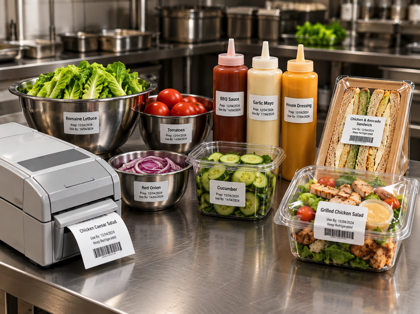Commercial food-preparation station with labelled ingredients, sauces, packaged sandwiches and an on-demand label printer.