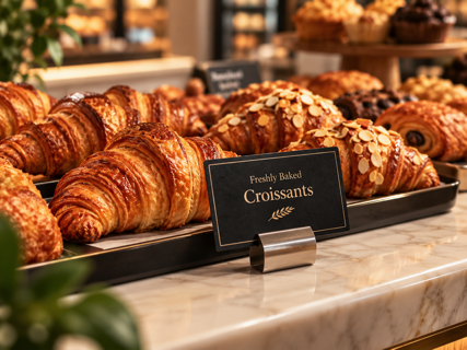 Fresh croissants displayed beside a professional black product information card on a premium bakery counter.