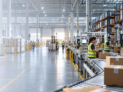 Wide modern warehouse and fulfillment facility with conveyor systems, pallet racking and warehouse staff working across the operation.