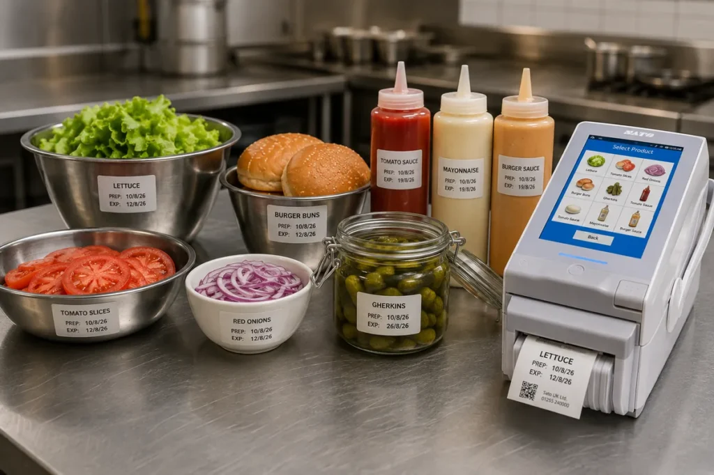 Kitchen prep station with date-labeled ingredients and label printer