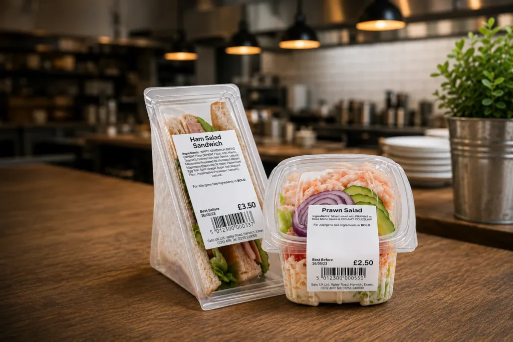 Grab and go food products with printed ingredient and date labels