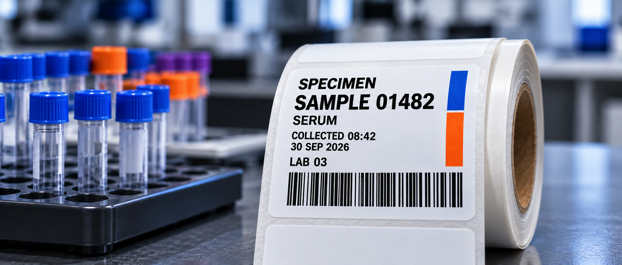 Color specimen label roll beside laboratory sample tubes