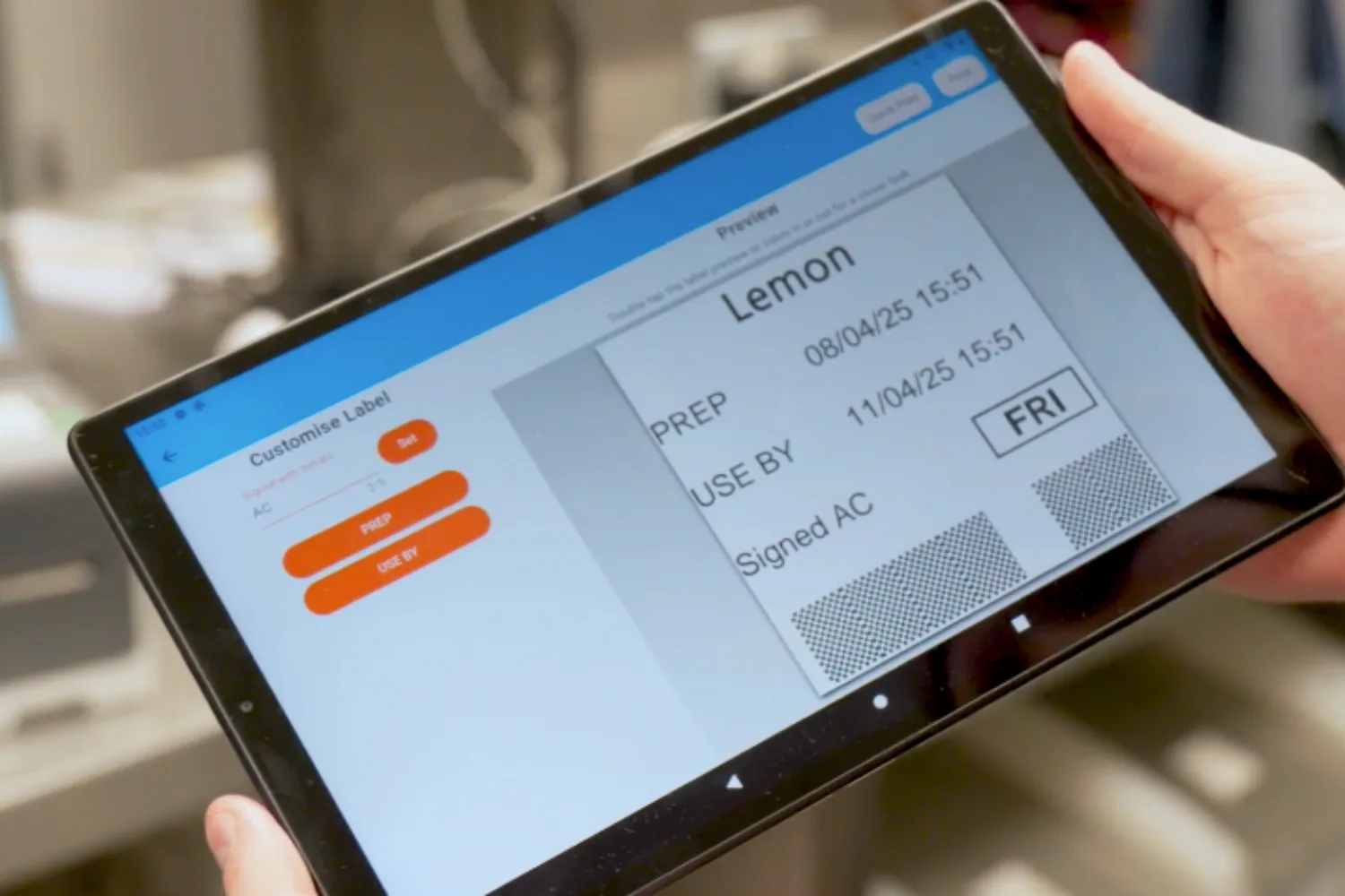Dill application on a kitchen tablet showing a prep label preview