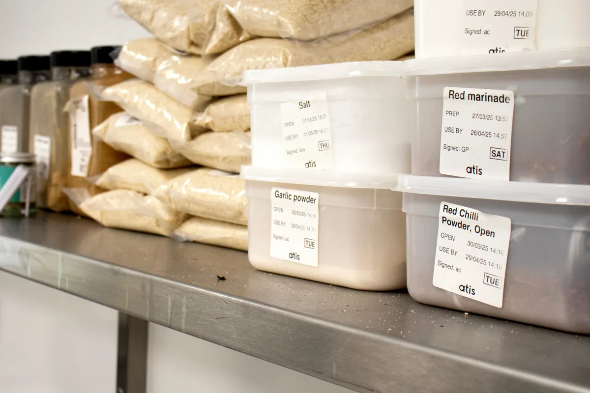 Kitchen containers with printed prep and stock rotation labels