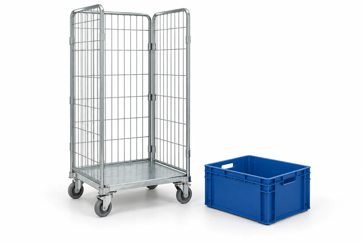 Roll cage trolley and blue plastic tote used as tagged asset examples