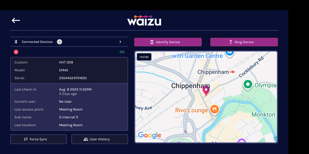 Waizu Device Finder showing device details and location map